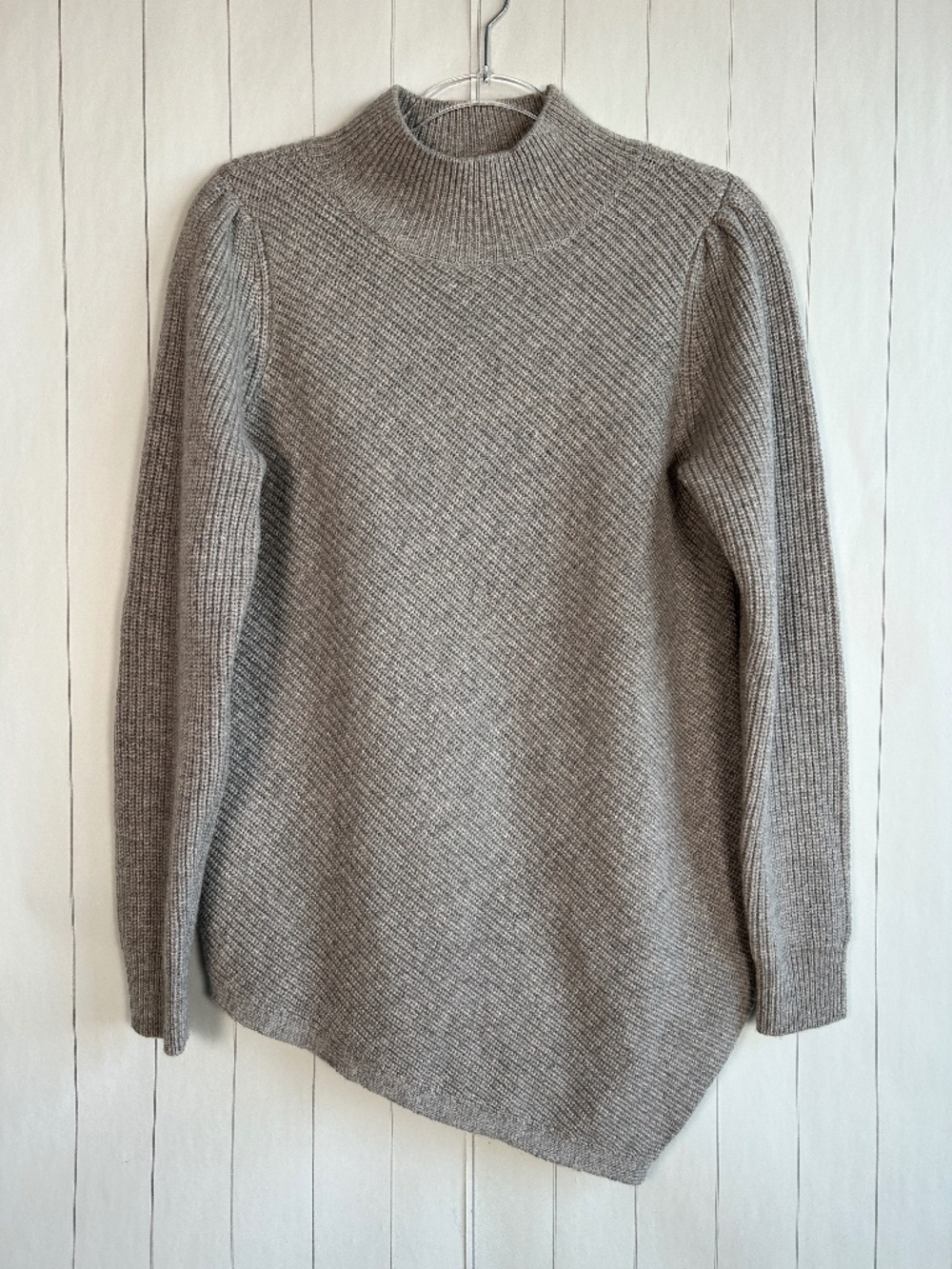 Milly size L rib knit sweater wool cashmere mock neck asymmetrical hem gray